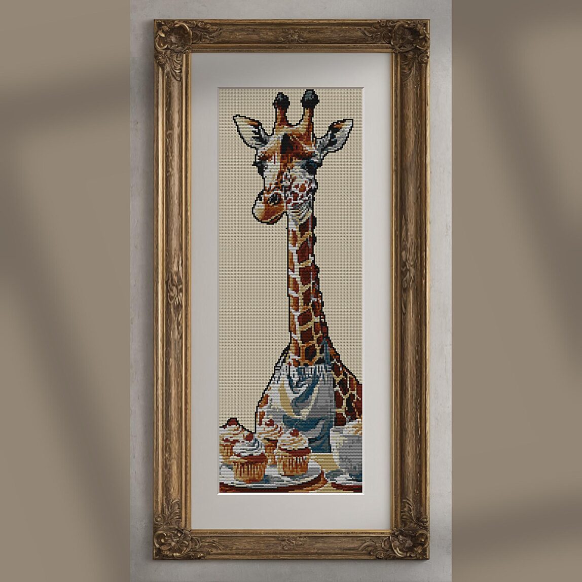 giraffe-baking-cupcakes alternative framed cross stitch mockup, realistic finished embroidery presentation