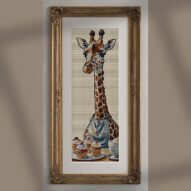 giraffe-baking-cupcakes alternative framed cross stitch mockup, realistic finished embroidery presentation