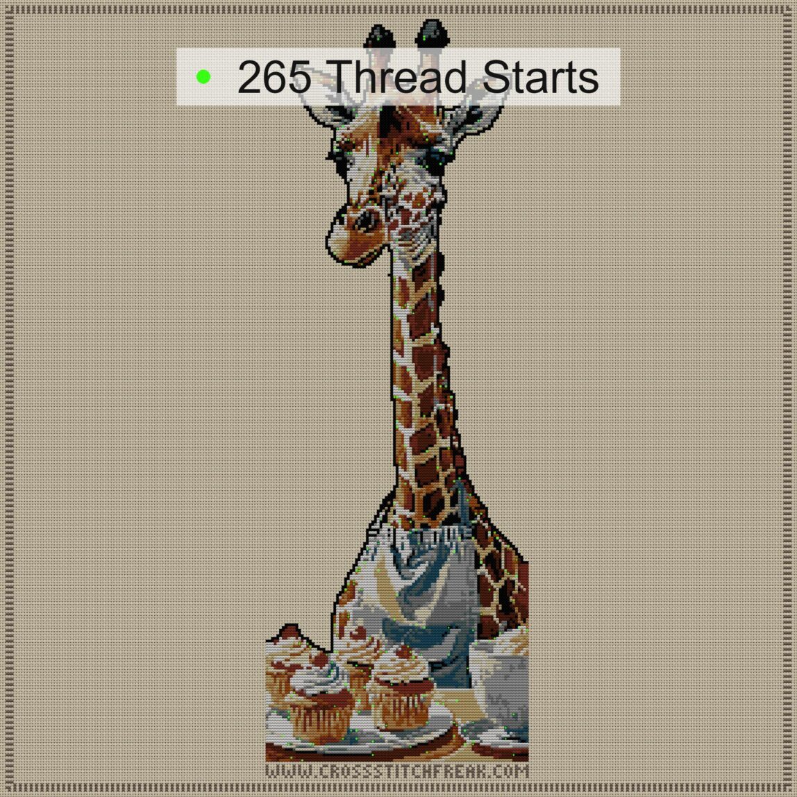 giraffe-baking-cupcakes cross stitch start point map with highlighted thread start positions in the full design