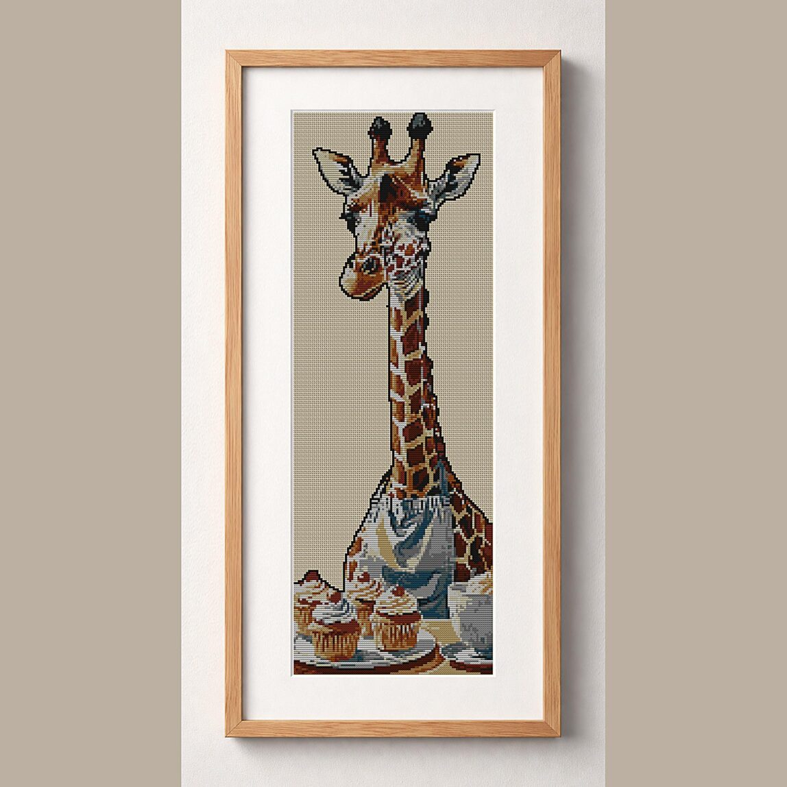 giraffe-baking-cupcakes framed cross stitch mockup, realistic finished embroidery design, PDF pattern digital download
