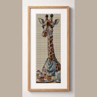 giraffe-baking-cupcakes framed cross stitch mockup, realistic finished embroidery design, PDF pattern digital download