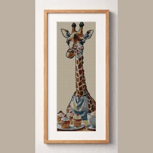 giraffe-baking-cupcakes framed cross stitch mockup, realistic finished embroidery design, PDF pattern digital download
