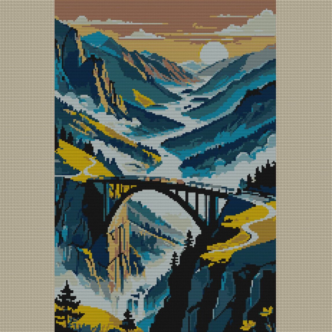 bridge-over-misty-valley full design mockup without frame bridge-over-misty-valley full cross stitch design mockup without frame, realistic embroidery preview
