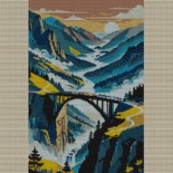 bridge-over-misty-valley full cross stitch design mockup without frame, realistic embroidery preview