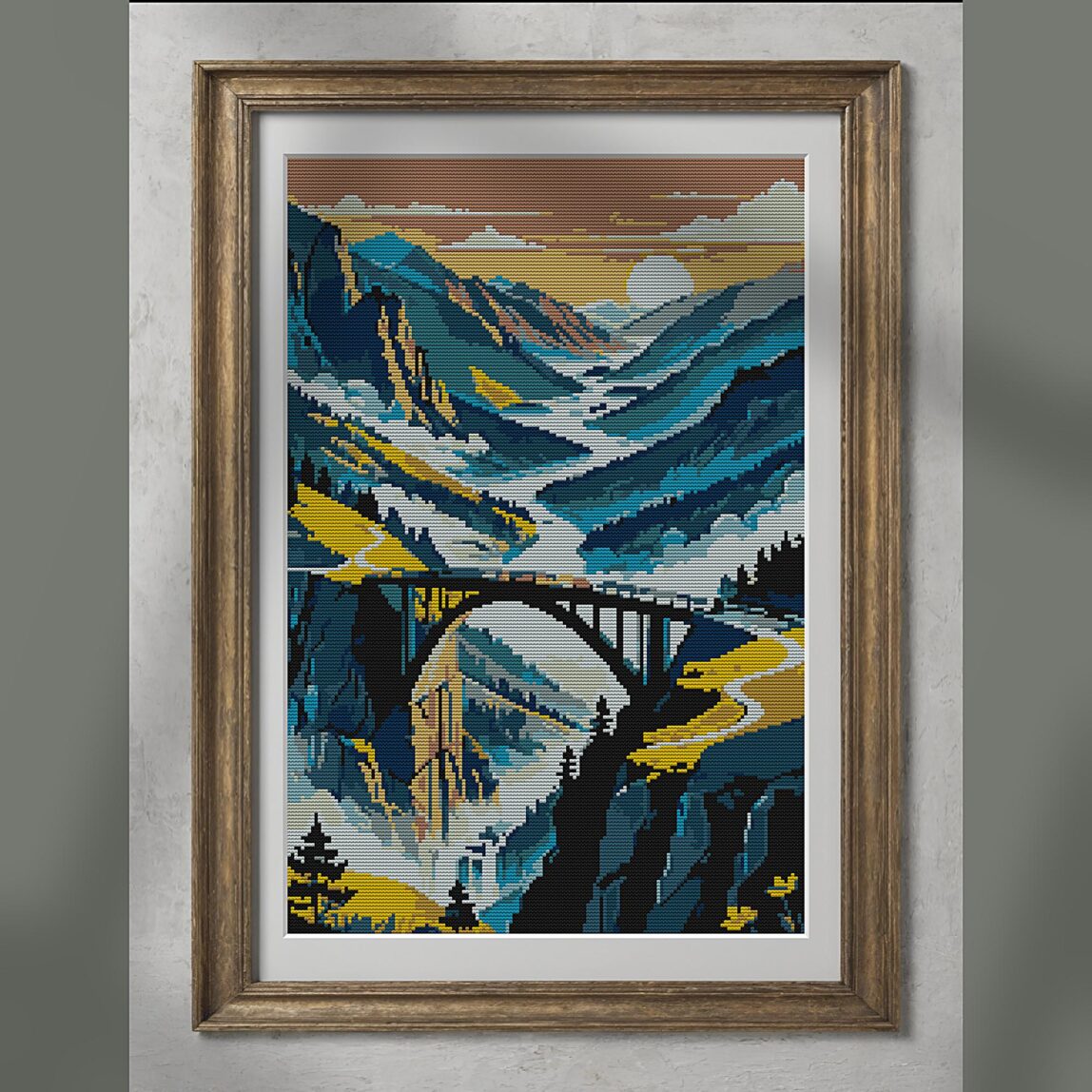 bridge-over-misty-valley alternative framed mockup bridge-over-misty-valley alternative framed cross stitch mockup, realistic finished embroidery presentation