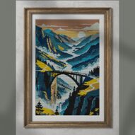 bridge-over-misty-valley alternative framed cross stitch mockup, realistic finished embroidery presentation
