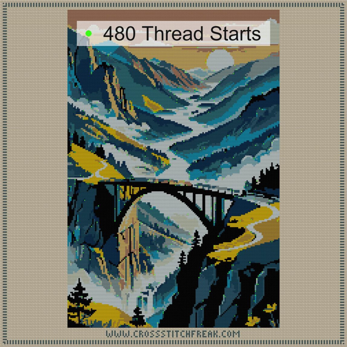 bridge-over-misty-valley thread start point map bridge-over-misty-valley cross stitch start point map with highlighted thread start positions in the full design