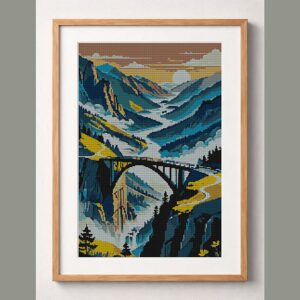 bridge-over-misty-valley framed cross stitch mockup, realistic finished embroidery design, PDF pattern digital download