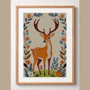 deer-antlers framed cross stitch mockup, realistic finished embroidery design, PDF pattern digital download