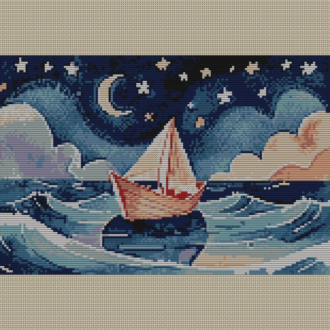 paper-boat full cross stitch design mockup without frame, realistic embroidery preview