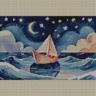 paper-boat full cross stitch design mockup without frame, realistic embroidery preview