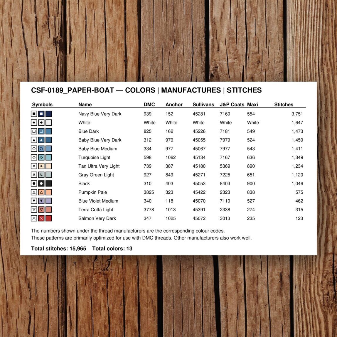 paper-boat thread color chart with DMC, Anchor, Sullivans, J&P Coats and Maxi color references