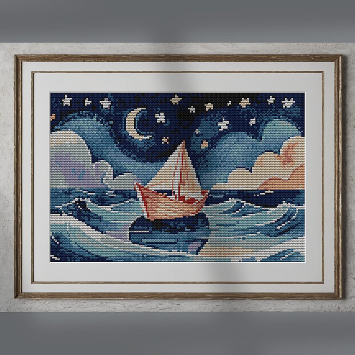 paper-boat alternative framed cross stitch mockup, realistic finished embroidery presentation