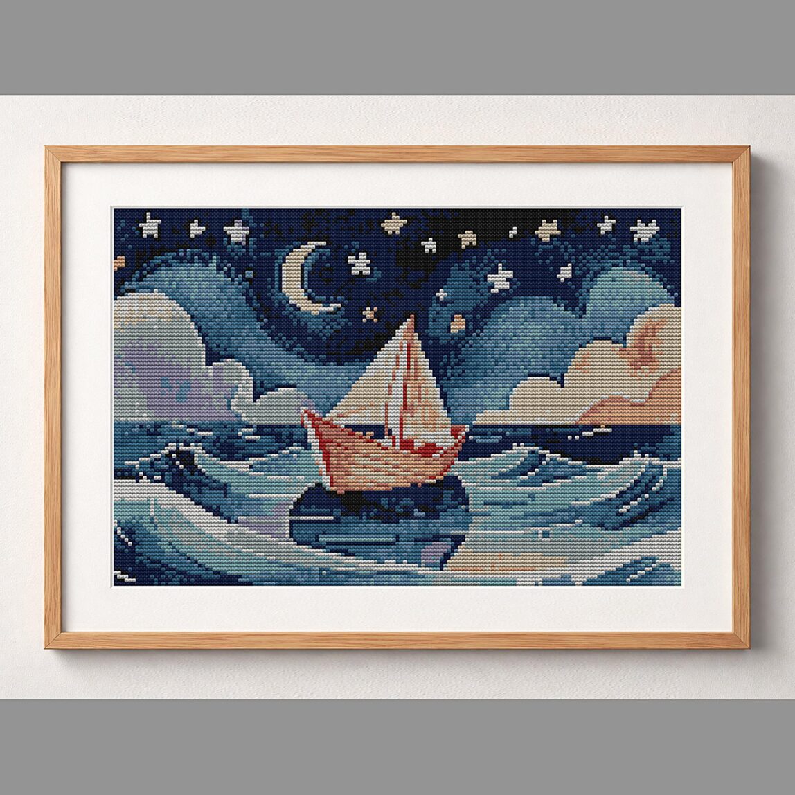 paper-boat framed cross stitch mockup, realistic finished embroidery design, PDF pattern digital download