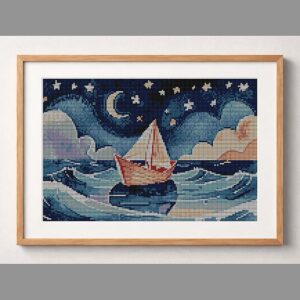 paper-boat framed cross stitch mockup, realistic finished embroidery design, PDF pattern digital download