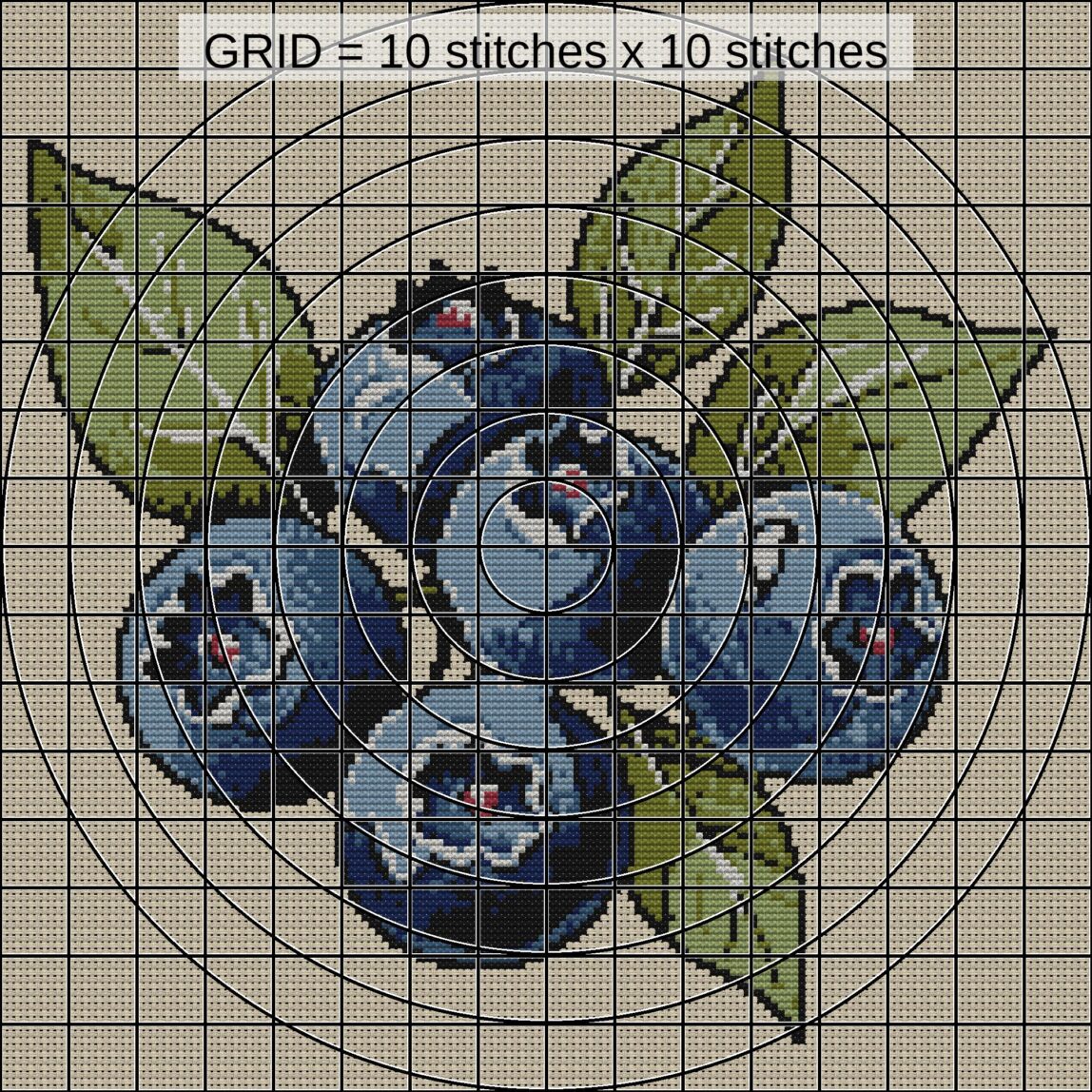 blueberry-cluster close-up cross stitch detail showing color changes, confetti areas and stitch texture