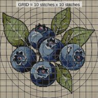 blueberry-cluster close-up cross stitch detail showing color changes, confetti areas and stitch texture
