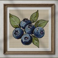 blueberry-cluster alternative framed cross stitch mockup, realistic finished embroidery presentation