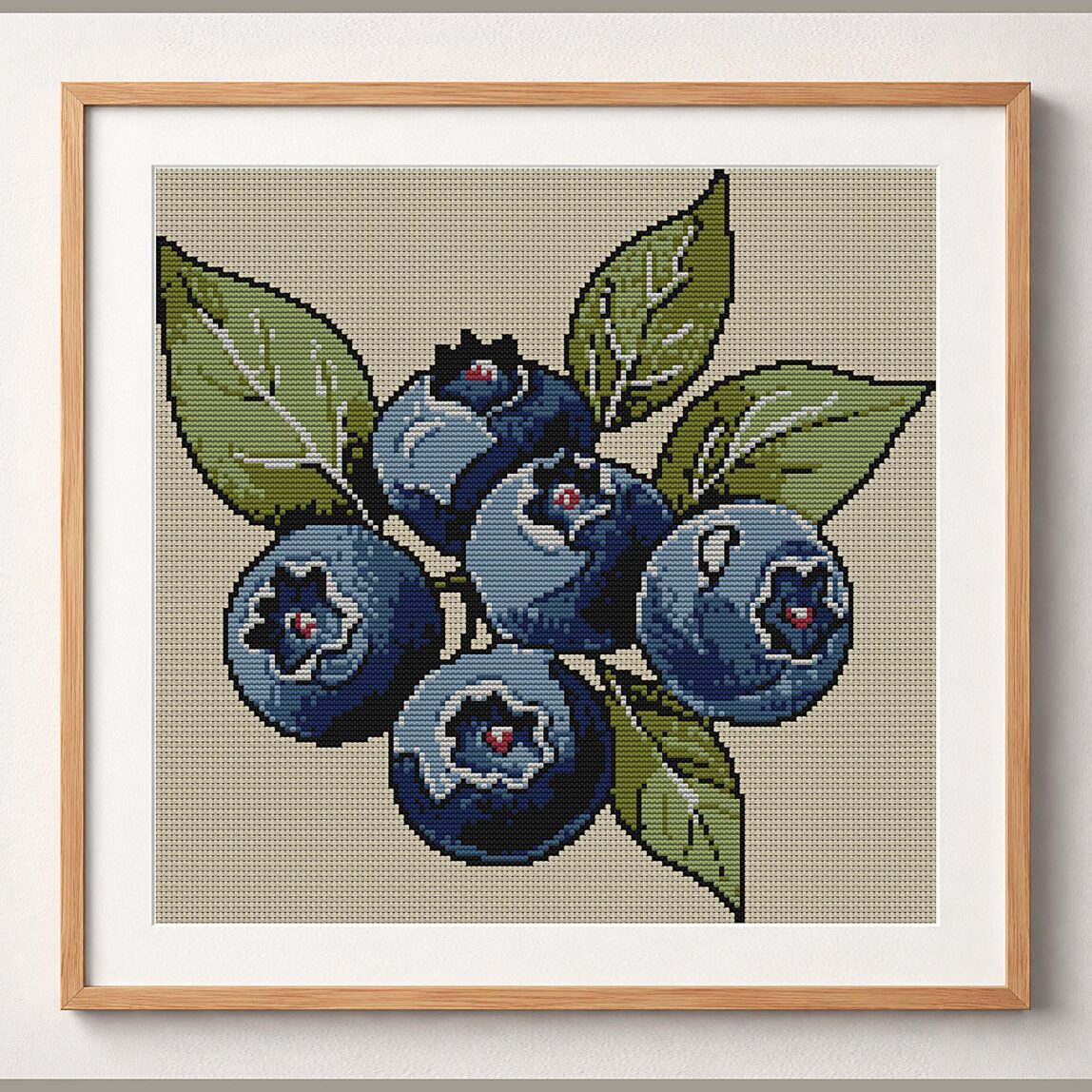 blueberry-cluster framed cross stitch mockup, realistic finished embroidery design, PDF pattern digital download