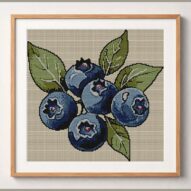 blueberry-cluster framed cross stitch mockup, realistic finished embroidery design, PDF pattern digital download
