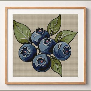 blueberry-cluster framed cross stitch mockup, realistic finished embroidery design, PDF pattern digital download