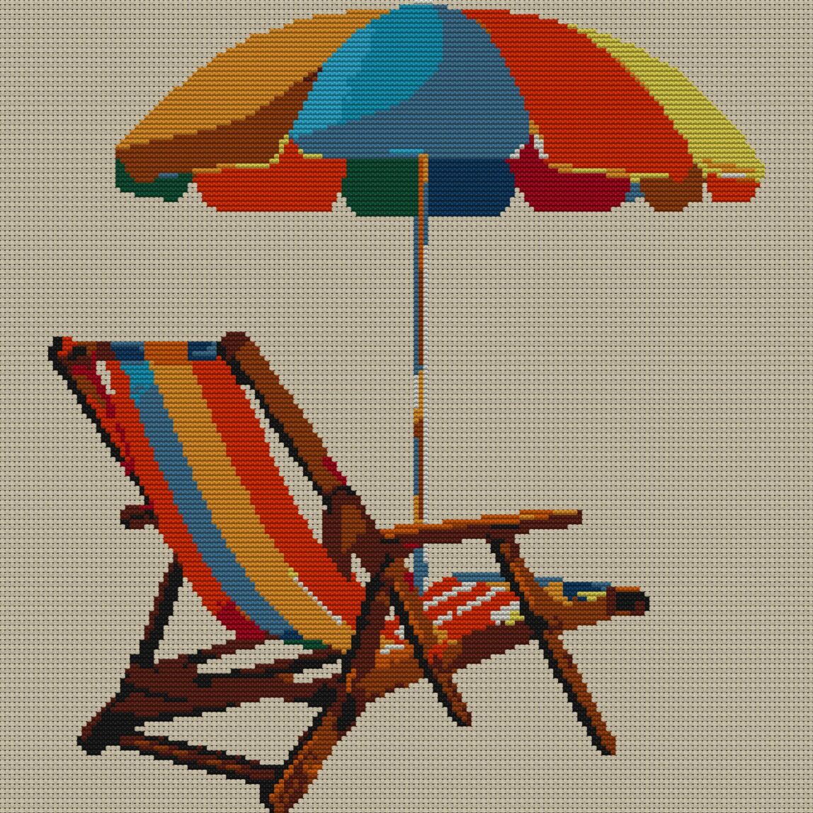 beach-chair full cross stitch design mockup without frame, realistic embroidery preview