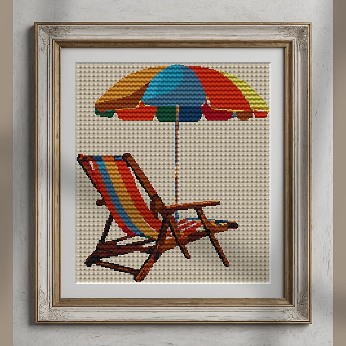 beach-chair alternative framed cross stitch mockup, realistic finished embroidery presentation