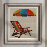 beach-chair alternative framed cross stitch mockup, realistic finished embroidery presentation