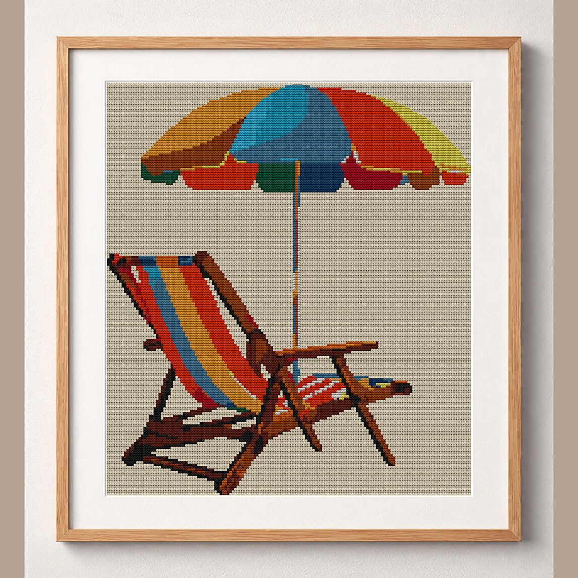 beach-chair framed cross stitch mockup, realistic finished embroidery design, PDF pattern digital download