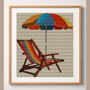 beach-chair framed cross stitch mockup, realistic finished embroidery design, PDF pattern digital download
