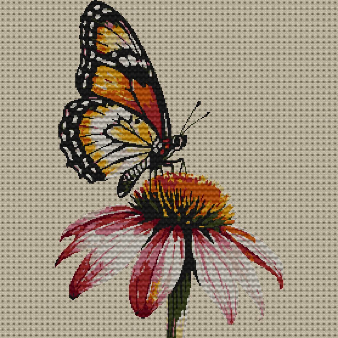 butterfly-on-coneflower full design mockup without frame butterfly-on-coneflower full cross stitch design mockup without frame, realistic embroidery preview