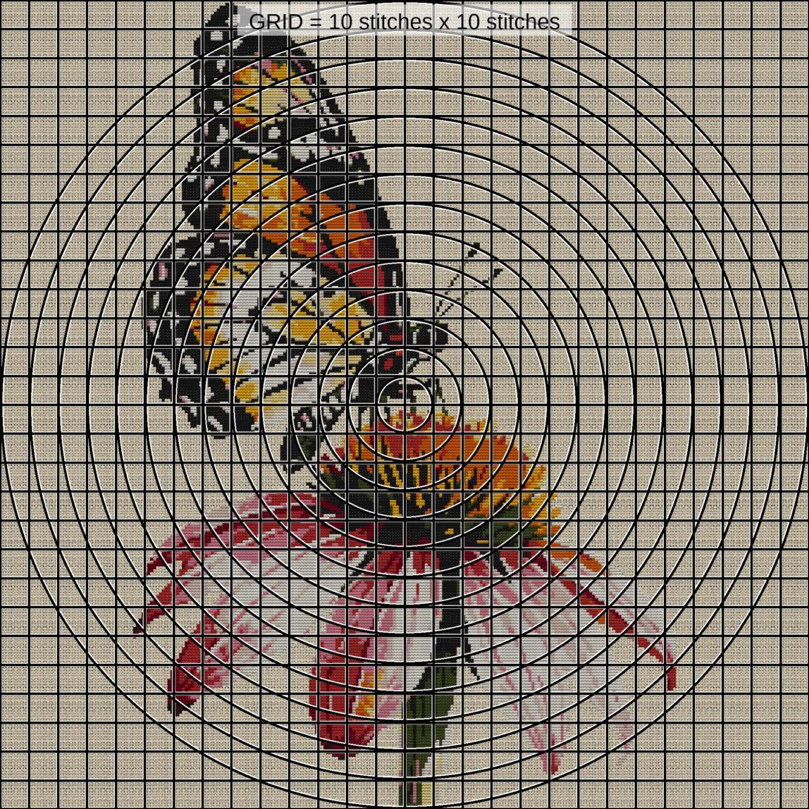 butterfly-on-coneflower zoomed stitching detail butterfly-on-coneflower close-up cross stitch detail showing color changes, confetti areas and stitch texture