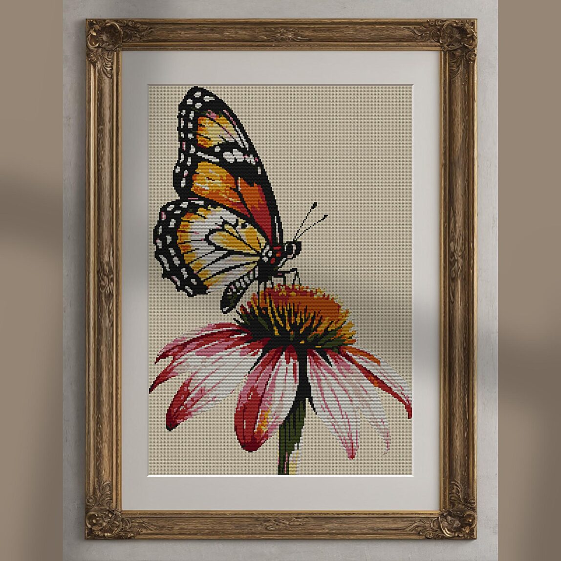 butterfly-on-coneflower alternative framed mockup butterfly-on-coneflower alternative framed cross stitch mockup, realistic finished embroidery presentation