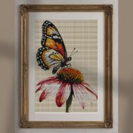 butterfly-on-coneflower alternative framed cross stitch mockup, realistic finished embroidery presentation