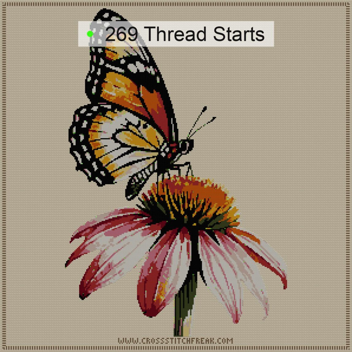 butterfly-on-coneflower thread start point map butterfly-on-coneflower cross stitch start point map with highlighted thread start positions in the full design