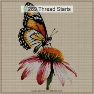butterfly-on-coneflower cross stitch start point map with highlighted thread start positions in the full design