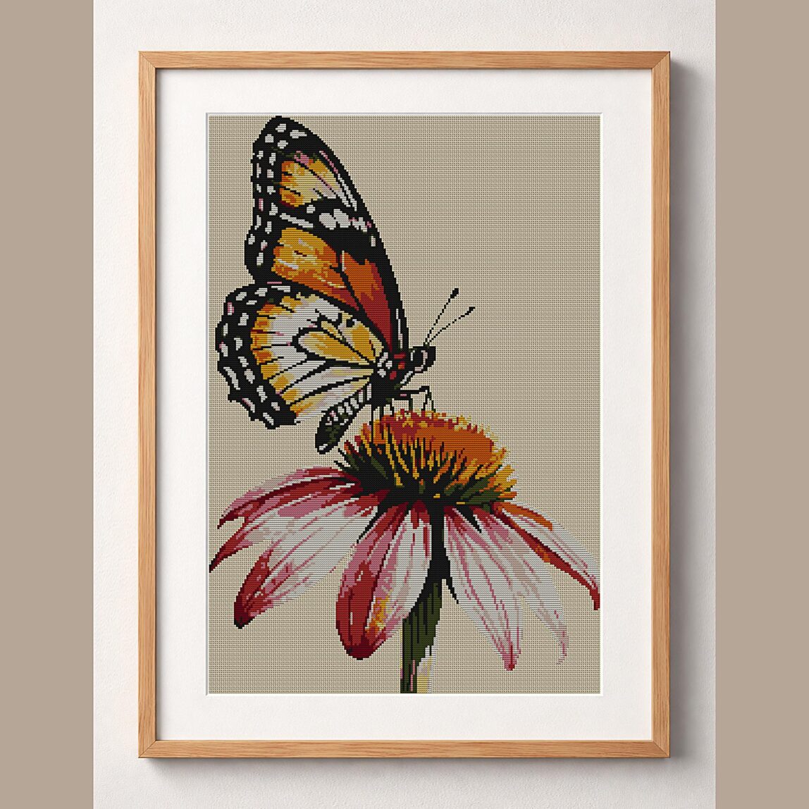 butterfly-on-coneflower framed cross stitch mockup butterfly-on-coneflower framed cross stitch mockup, realistic finished embroidery design, PDF pattern digital download
