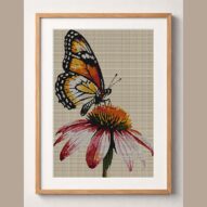 butterfly-on-coneflower framed cross stitch mockup, realistic finished embroidery design, PDF pattern digital download