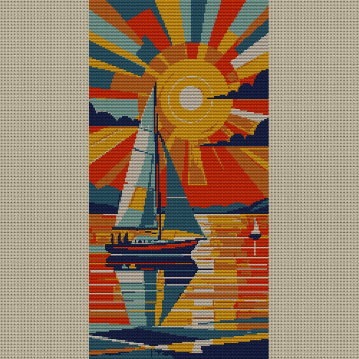 sunset-over-ocean full design mockup without frame sunset-over-ocean full cross stitch design mockup without frame, realistic embroidery preview