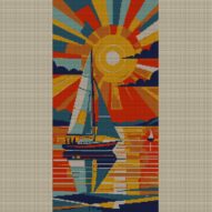 sunset-over-ocean full cross stitch design mockup without frame, realistic embroidery preview