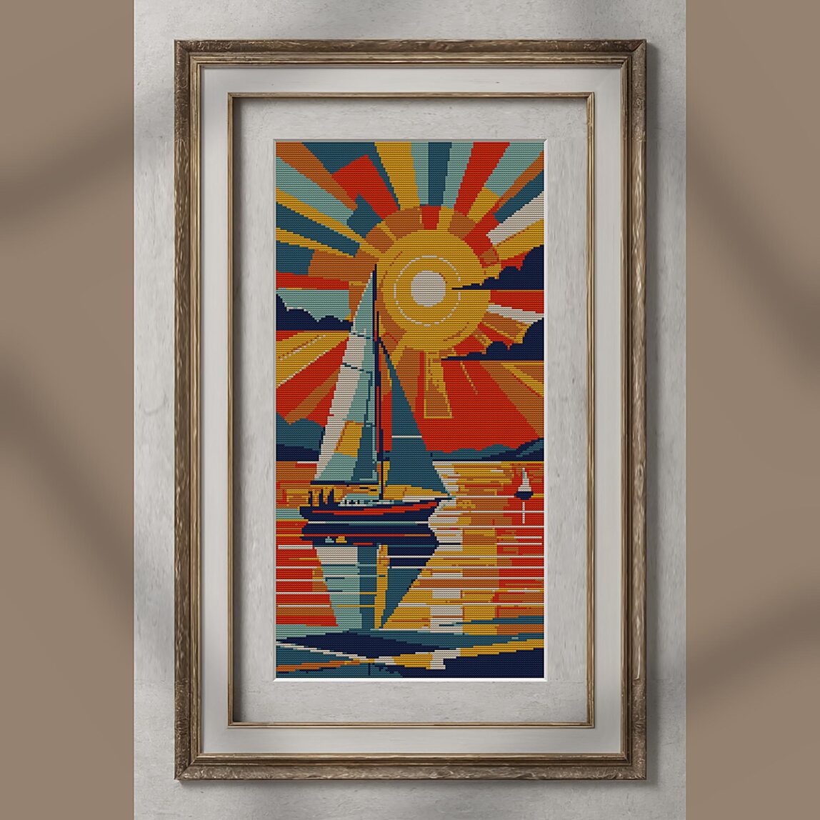 sunset-over-ocean alternative framed mockup sunset-over-ocean alternative framed cross stitch mockup, realistic finished embroidery presentation