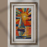 sunset-over-ocean alternative framed cross stitch mockup, realistic finished embroidery presentation