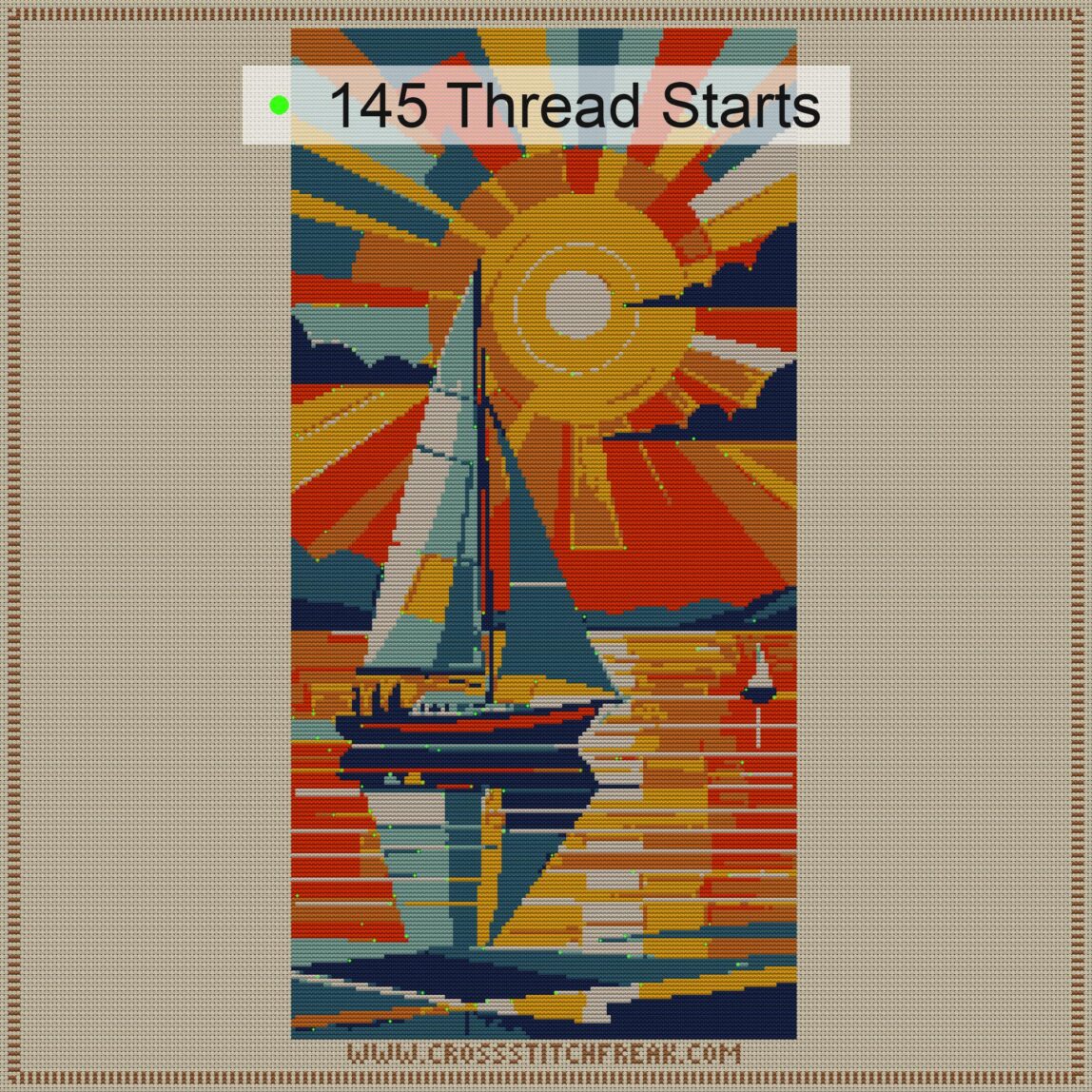sunset-over-ocean thread start point map sunset-over-ocean cross stitch start point map with highlighted thread start positions in the full design