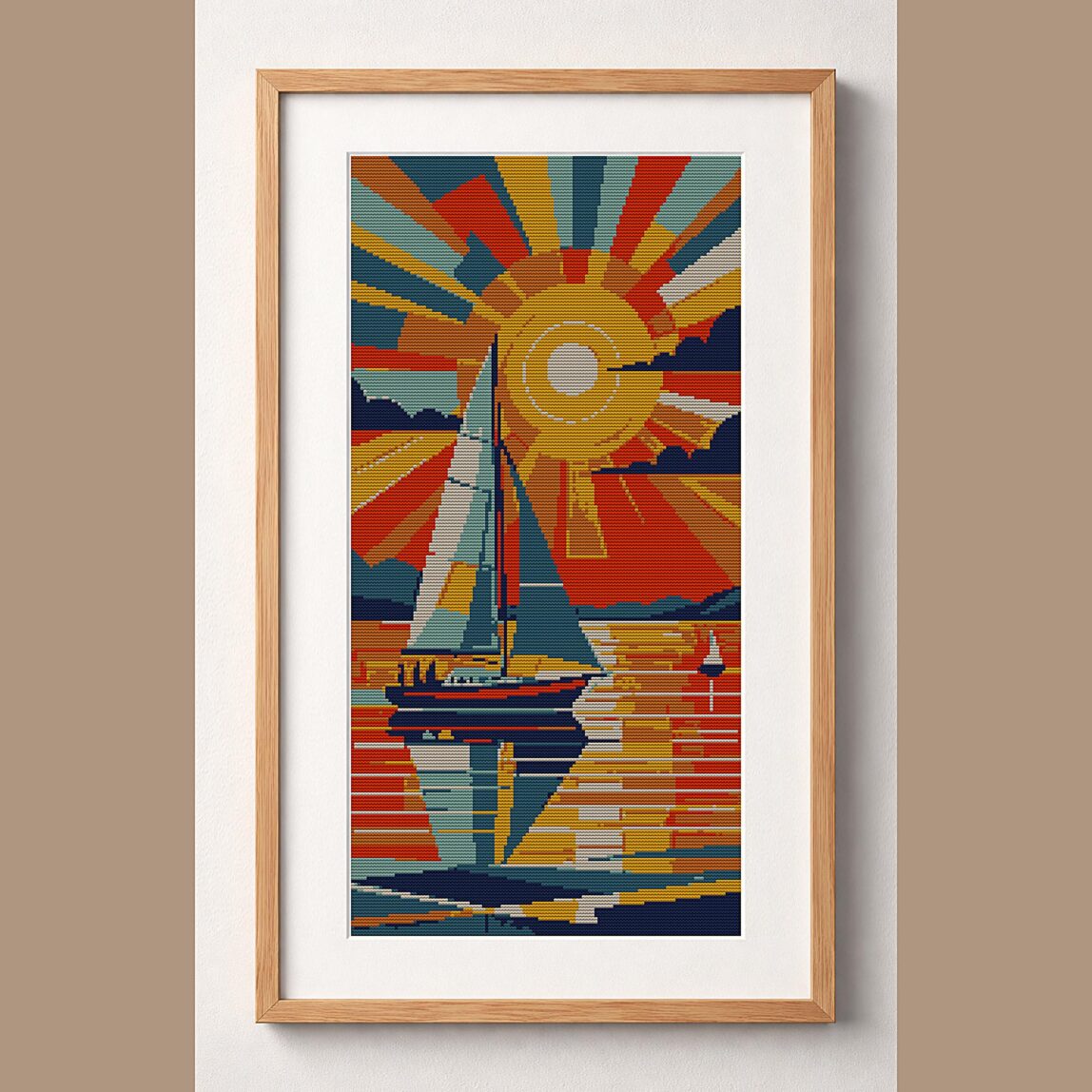 sunset-over-ocean framed cross stitch mockup sunset-over-ocean framed cross stitch mockup, realistic finished embroidery design, PDF pattern digital download