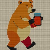 bear-carrying-honey-jar-a full cross stitch design mockup without frame, realistic embroidery preview