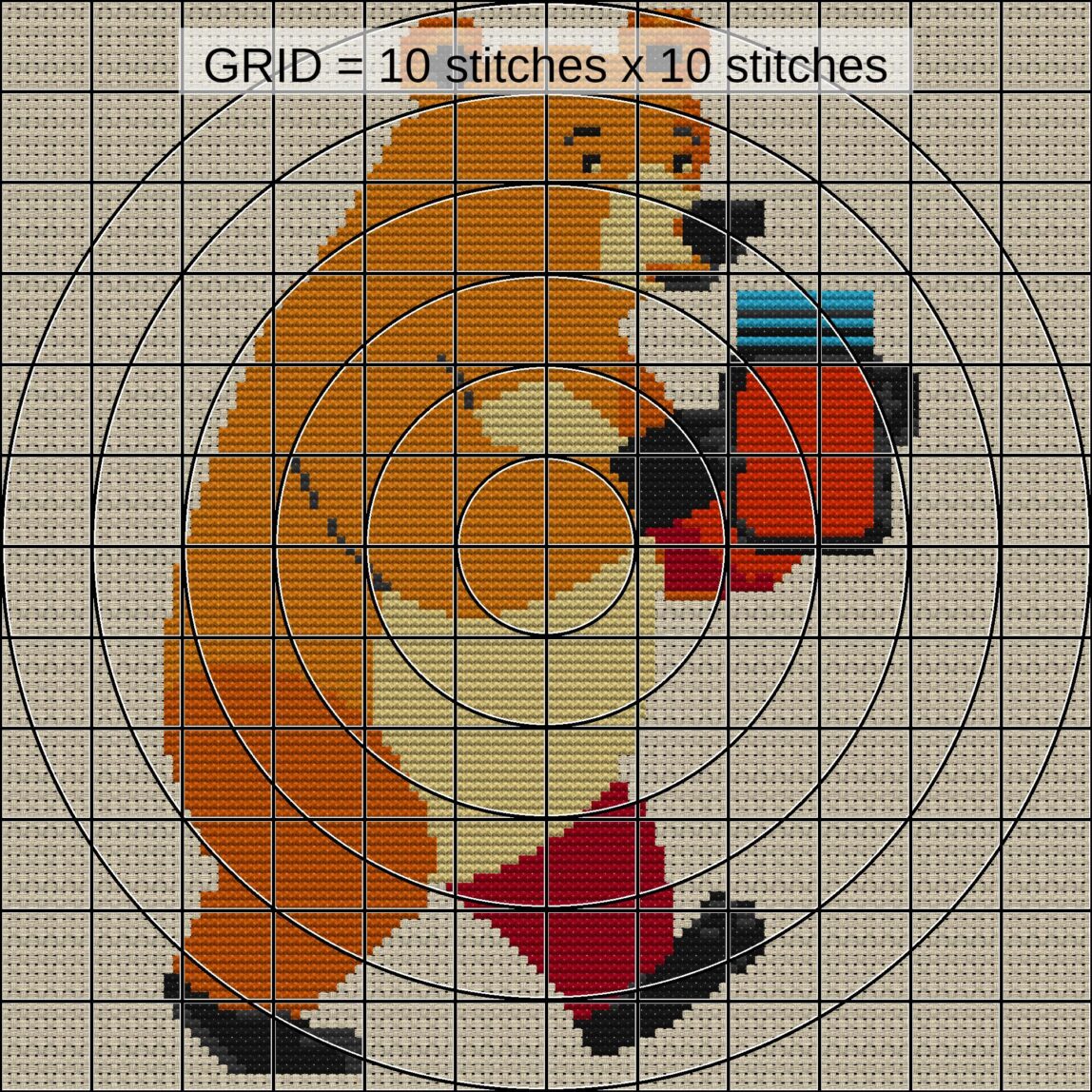 bear-carrying-honey-jar-a close-up cross stitch detail showing color changes, confetti areas and stitch texture