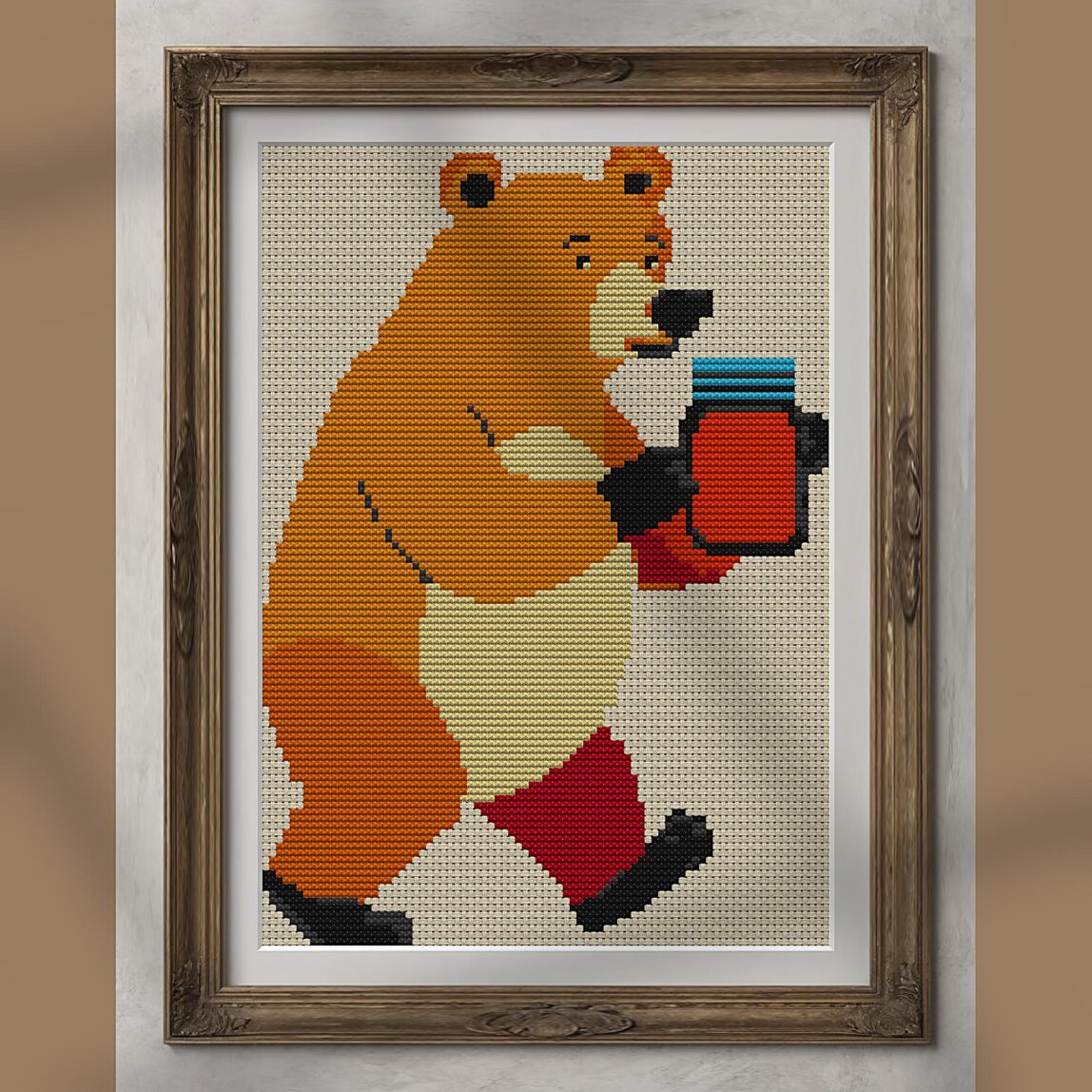 bear-carrying-honey-jar-a alternative framed cross stitch mockup, realistic finished embroidery presentation