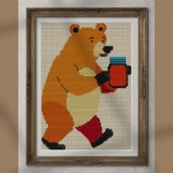 bear-carrying-honey-jar-a alternative framed cross stitch mockup, realistic finished embroidery presentation