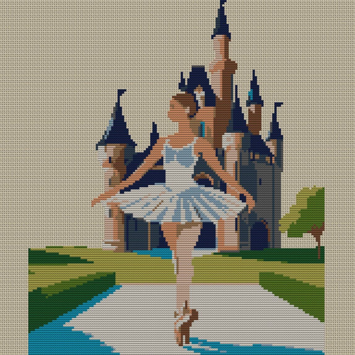 ballerina-beside-castle-b full cross stitch design mockup without frame, realistic embroidery preview