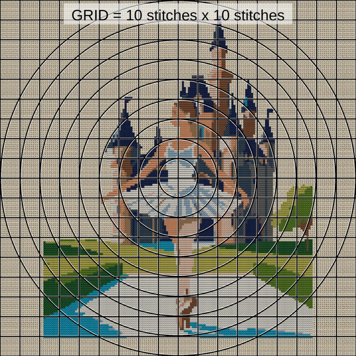 ballerina-beside-castle-b close-up cross stitch detail showing color changes, confetti areas and stitch texture